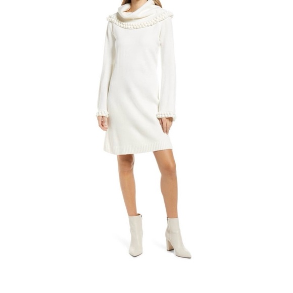 Eliza J White Neutral Preppy Holiday Office Long Sleeve Sweater Dress Women L - Picture 2 of 7